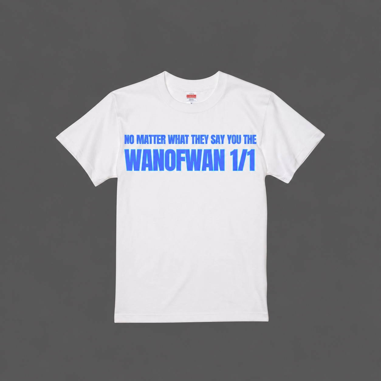 Upcoming white T-shirt with blue lettering