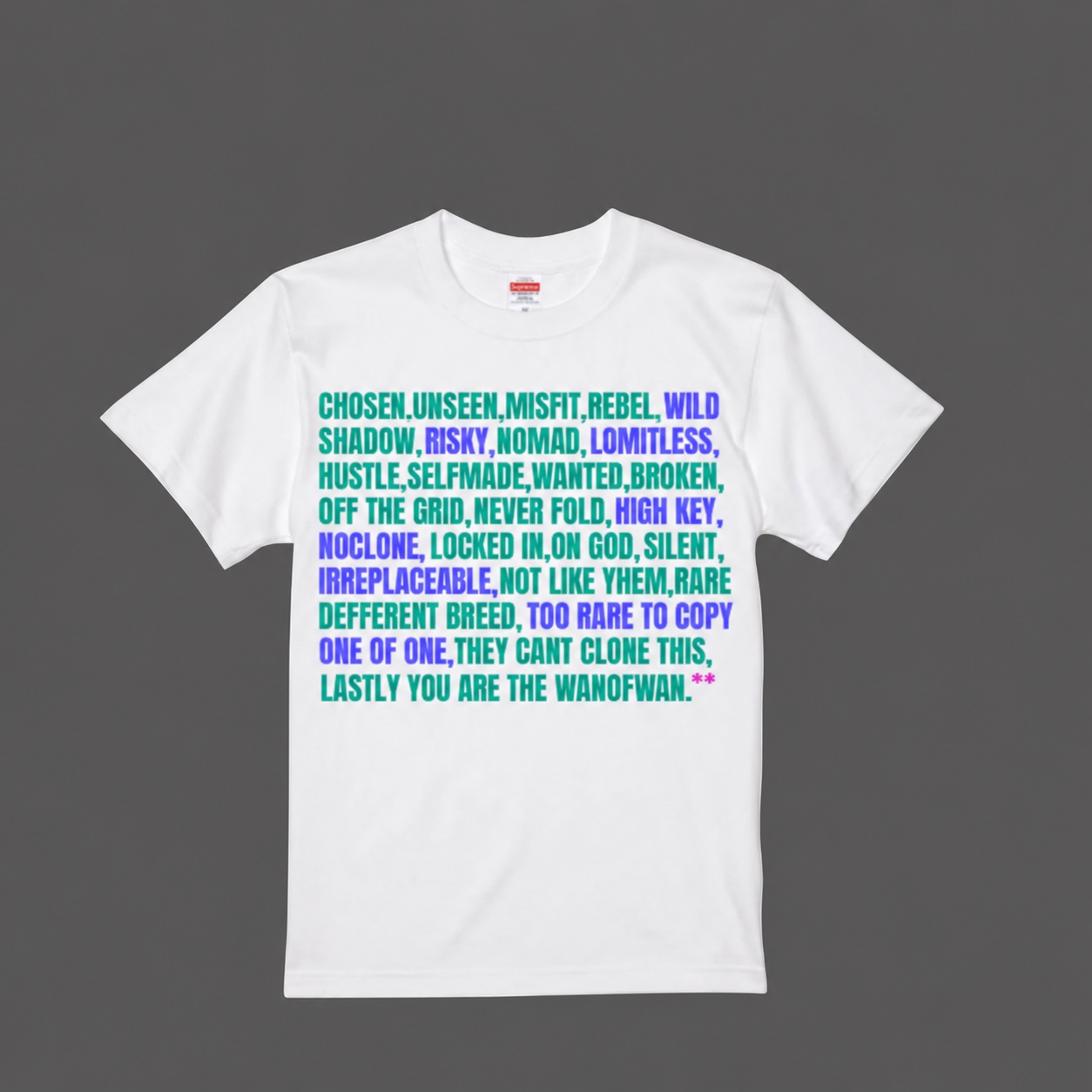 Upcoming white T-shirt with multicolored lettering