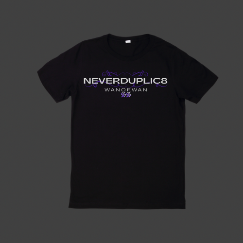 Upcoming black T-shirt with violet lettering